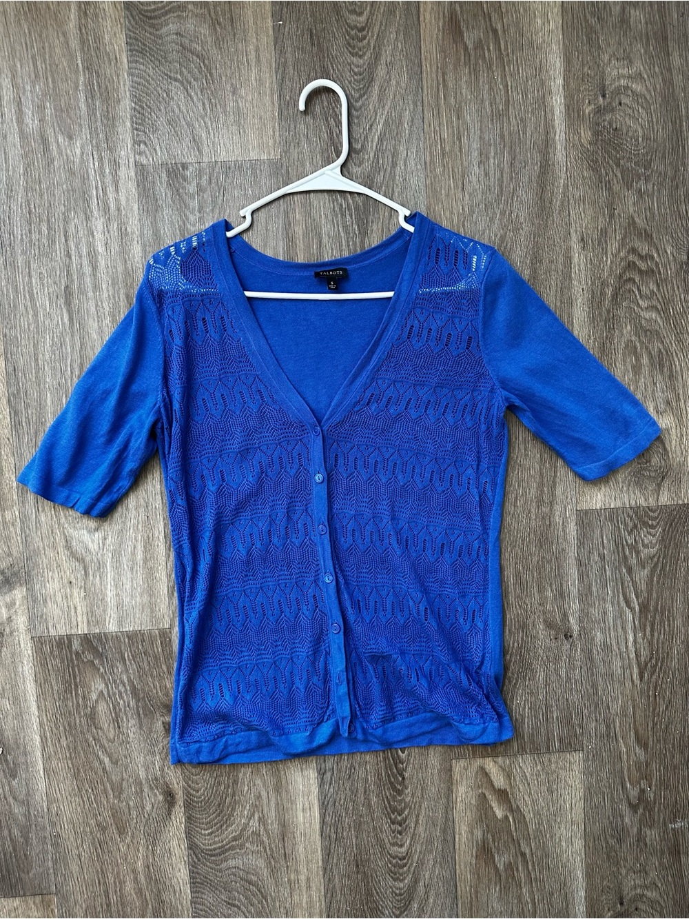 Talbots Royal Blue Pointelle Open Knit V-Neck Cardigan Sweater Size S